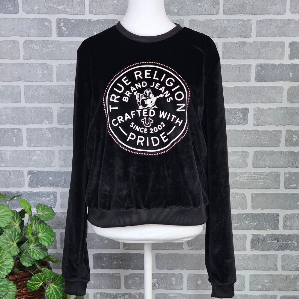 True‎ Religion Black Velour Crystal Sweatshirt Junior XL Graphic Logo Pullover